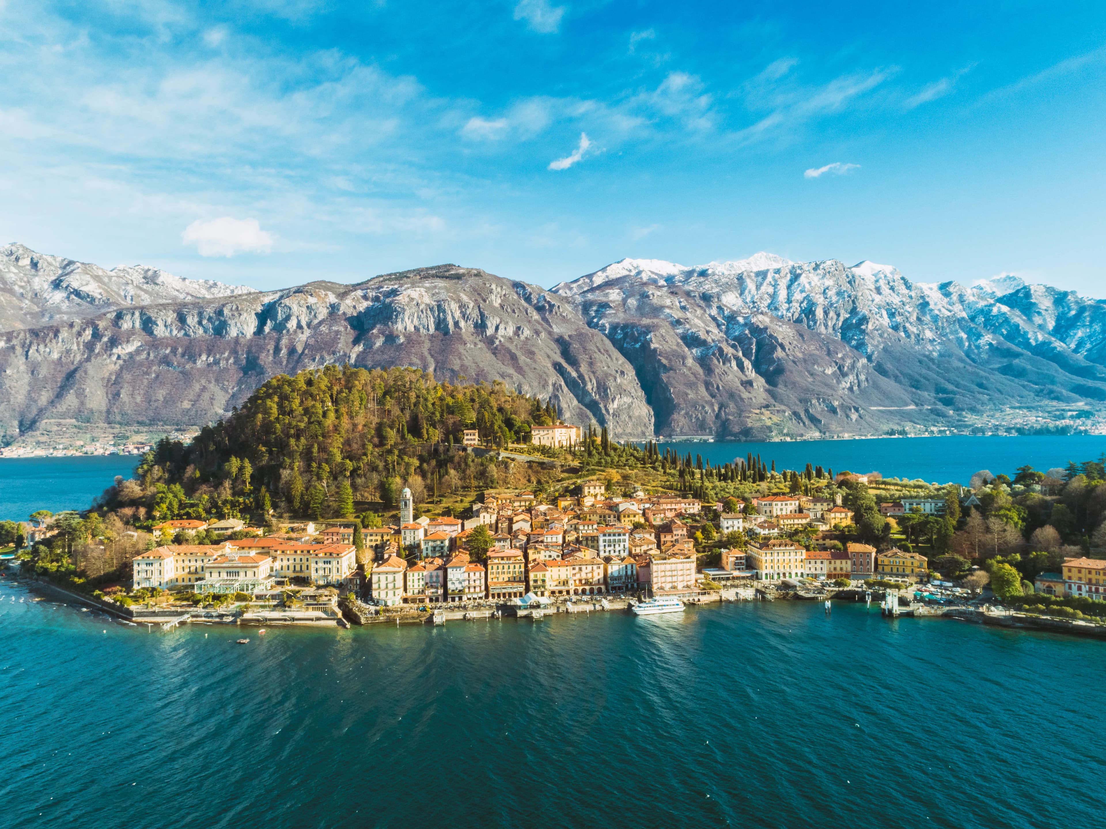 Panoramic Lake Como landscape with villas and deep blue water