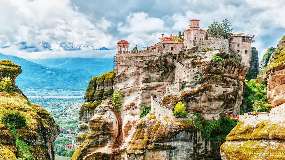 Meteora monasteries perched above dramatic cliffs in Greece